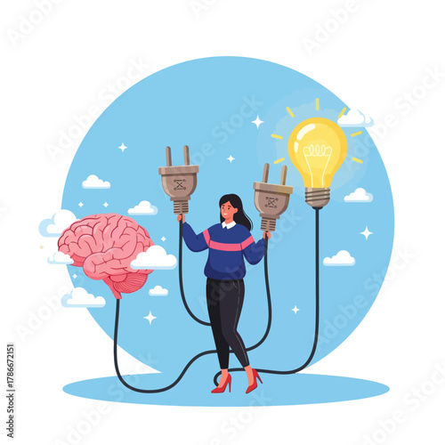Connecting new idea or innovation concept. Woman connect plug with light bulb idea to human brain.