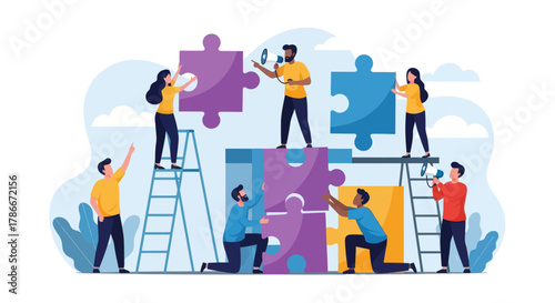 Business concept. Team collaborative Stacking Puzzle Blocks.
