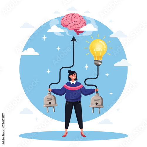 Connecting new idea or innovation concept. Woman connect plug with light bulb idea to human brain.