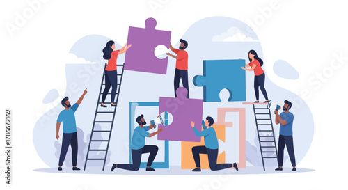 Business concept. Team collaborative Stacking Puzzle Blocks.
