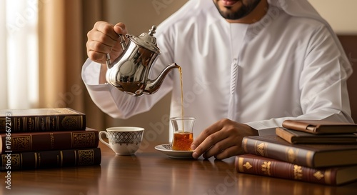 A person dressed in traditional attire pouring tea from a teapot into a glass cup on a wooden table surrounded by books and a teacup in a cozy setting