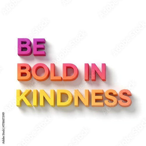 Colorful 3D text displaying the motivational message 'Be Bold in Kindness' arranged in a visually appealing manner with shadows on a plain white background