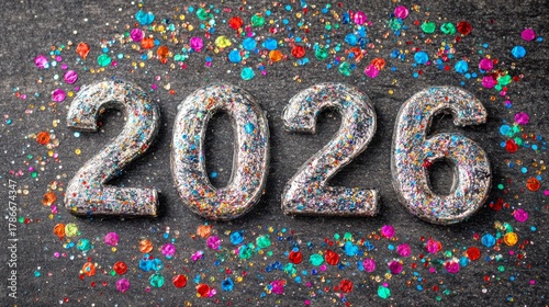 Celebratory display of 2026 with colorful confetti on a dark background