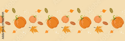 Thanksgiving Border with Pumpkins and Autumn Leaves – Seamless Festive Vector for Cards, Banners, Posters and Seasonal Design Projects