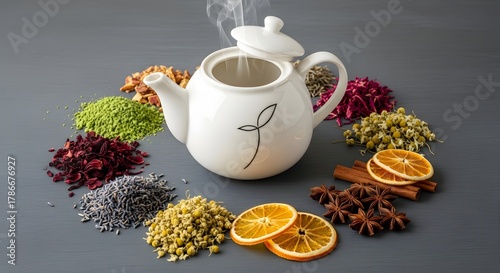 A white teapot surrounded by colorful dried herbs, spices, and citrus slices on a dark surface, creating a cozy and aromatic tea preparation scene