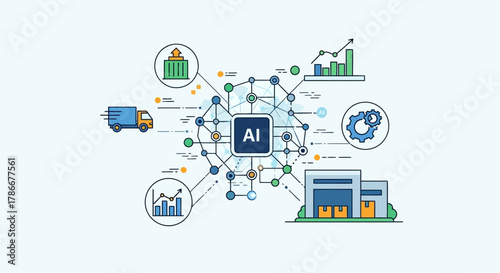 An insightful vector illustration highlighting artificial intelligence's pivotal role in streamlining modern supply chains, optimizing logistics, data, and business efficiency.