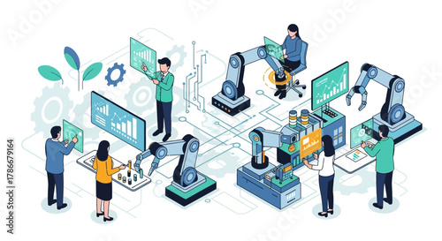 This isometric illustration depicts human workers collaborating with advanced robotic arms and interconnected digital interfaces in a modern automated factory environment.
