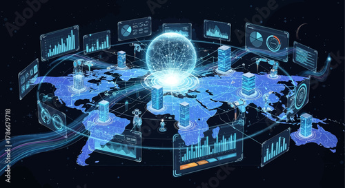 An innovative digital representation of global data centers and interconnected networks, displaying complex analytics and advanced technological infrastructure worldwide.