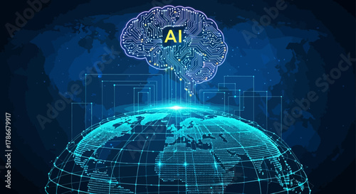 A futuristic digital brain with 'AI' illuminates a glowing global network, symbolizing the profound impact of artificial intelligence on worldwide technology and innovation.