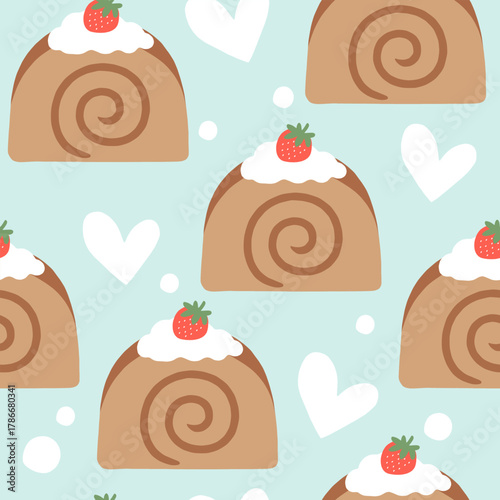 Strawberry chocolate roll cake seamless pattern with cream and white heart shapes on blue background.