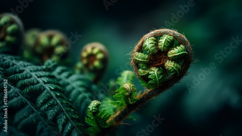 Unfurling fern frond showing new growth with a spiral pattern, symbolizing life cycles and organic development