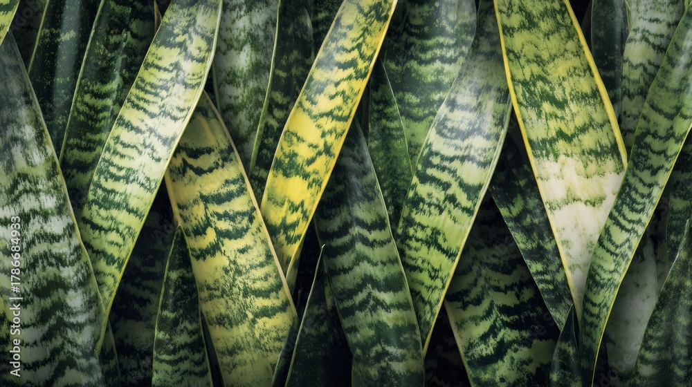 Fototapeta premium Snake plant leaves forming a natural pattern and texture, vibrant green and yellow foliage background