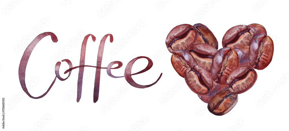 Obraz premium Watercolor heart of brown coffee bean and lettering isolated on white background. Aroma caffeine ingredient for hot drink beverage. Clipart design for sticker. Kitchen or cafe wallpaper or wrapping