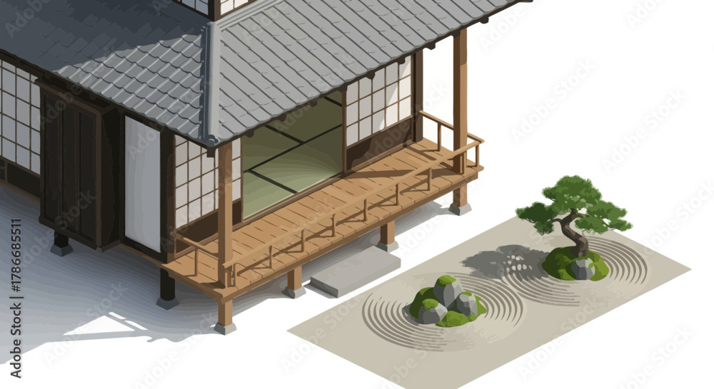 Fototapeta premium Tranquil japanese house with zen garden, embodying peace and harmony