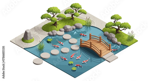 Tranquil Isometric Zen Garden Illustration with Koi Pond and Bridge