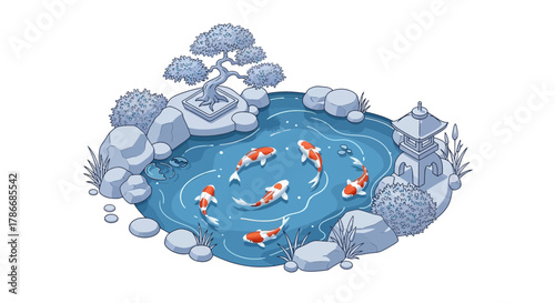 Tranquil koi pond with bonsai tree, lantern, and peaceful atmosphere