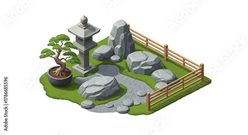 Serene zen garden illustration with bonsai tree and stone lantern art