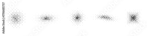 Halftone gradient shapes. Abstract dotted squares, fading pixel forms, geometric stipple design, grain pattern, retro raster minimal dotted silhouettes, textured point black white shading effect