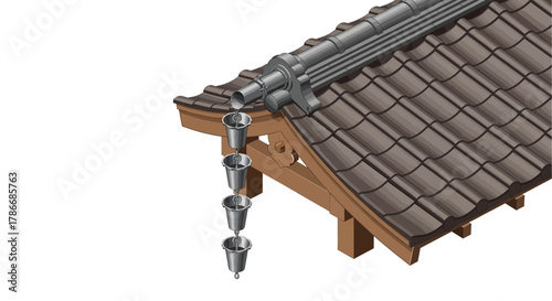 Traditional Japanese rain chain and roof detail in isometric projection