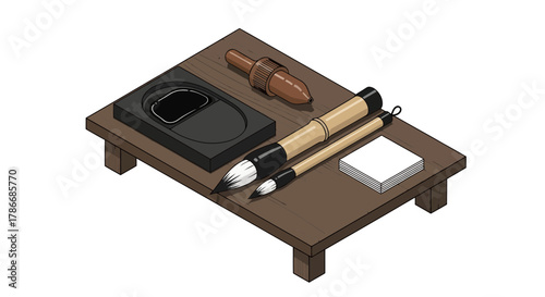 Traditional sumi-e art tools arranged on a small wooden table display