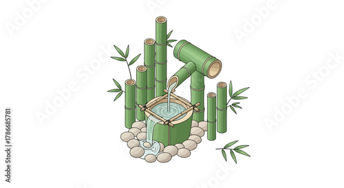 Tranquil bamboo fountain illustration with flowing water and smooth stones