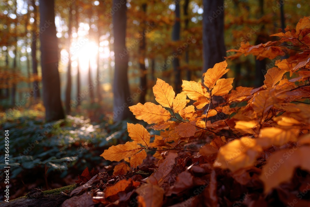 Fototapeta premium Autumn leaves in sunlit woodland with warm light filtering through trees