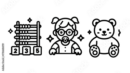 Minimal Line Art Icons: Abacus for Education, Baby with Pacifier, and Teddy Bear. Childhood Learning and Play Set.