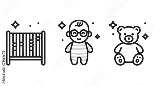 Set of cute outline baby and childcare icons with crib, infant, and teddy bear, simple black and white vector design