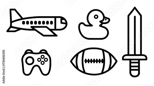 Outline vector icons of various objects: airplane, rubber duck, sword, game controller, and American football. Concepts of play, travel, gaming, and sports.