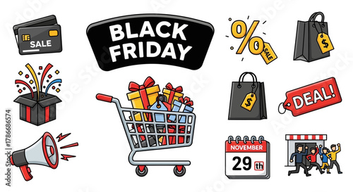 Dynamic collection of Black Friday shopping elements, vibrant illustrations depicting sales, discounts, gifts, and promotional activities for retail campaigns