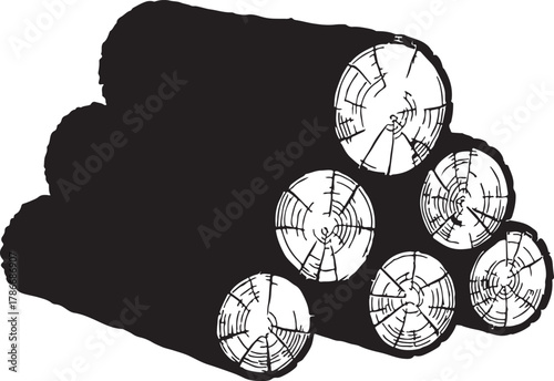 Detailed out line art of stacked firewood logs with visible bark texture isolated on white background