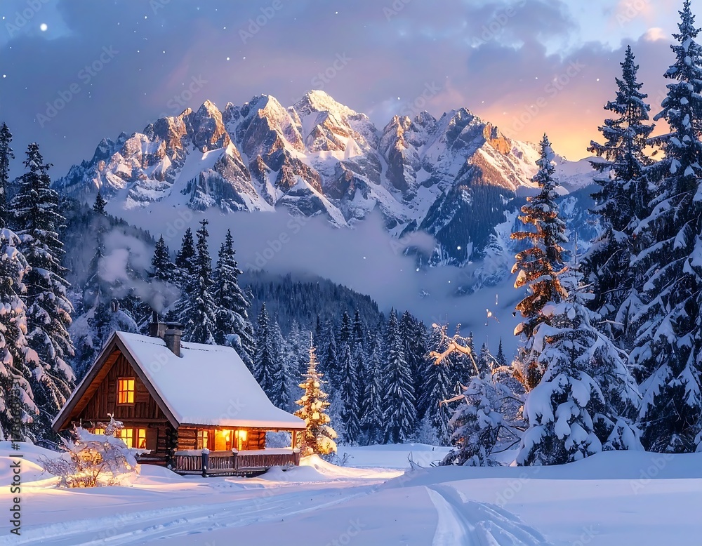 Fototapeta premium A cozy winter cabin scene with snow-covered mountains