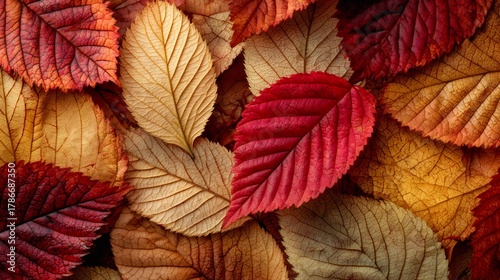Autumn leaves covering the ground, creating a colorful and textured background reflecting the changing season