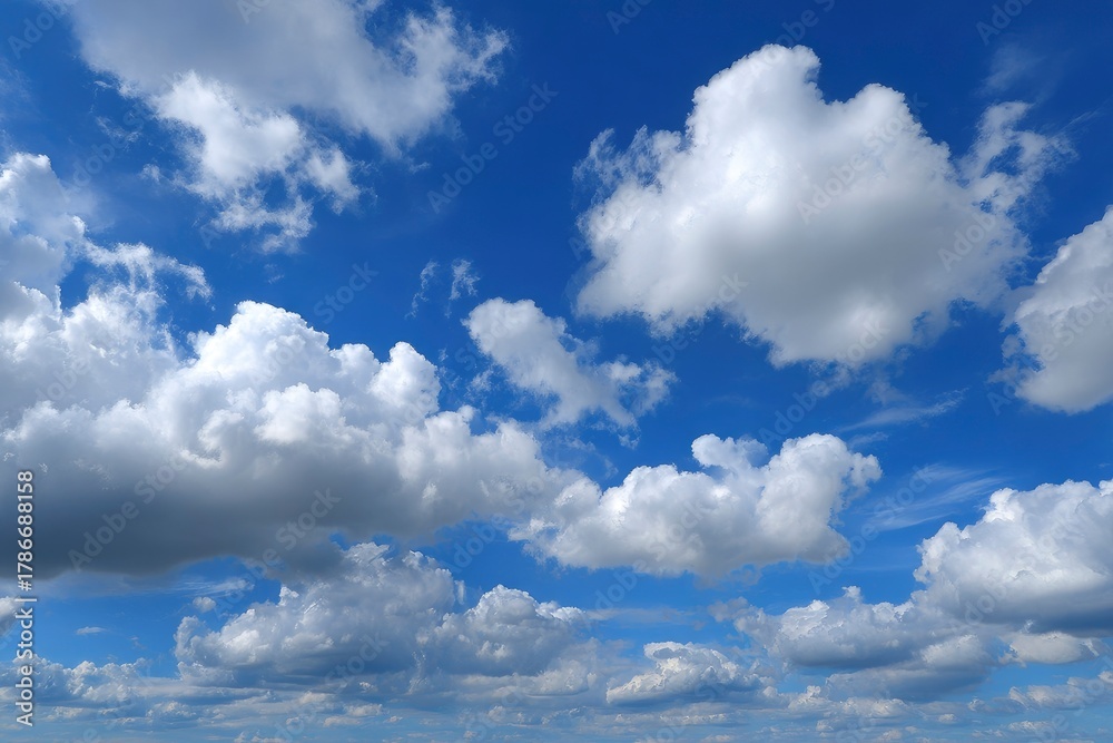 Fototapeta premium Bright open sky filled with puffy white and gray cumulus clouds on a clear blue day