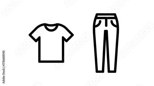 Simple Black Outline Icons: T-Shirt and Pants. Vector illustration for clothing, fashion, apparel, and textile designs.
