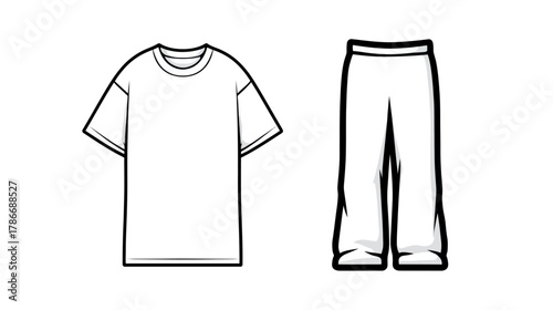 Blank white t-shirt and casual pants vector illustration. Outline apparel template for fashion design mockups.