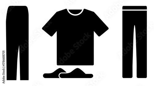 Comfortable sleepwear and loungewear icons: black silhouettes of pajamas, casual pants, t-shirt, and slippers for relaxation.