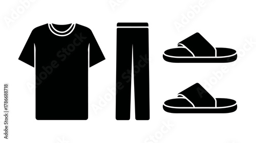 Casual Wear Apparel Icons: Black Silhouette Vector Illustration of T-Shirt, Pants, and Slide Sandals Set for Comfort