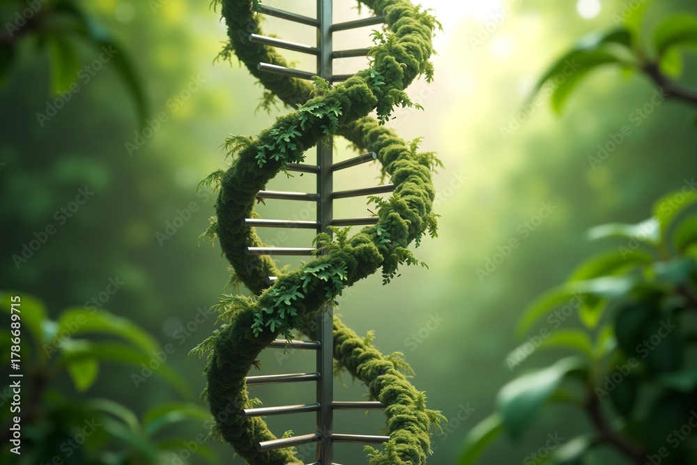 Fototapeta premium DNA helix entwined with moss in lush green forest, sunlight filtering through leaves. Nature meets science in serene botanical setting.