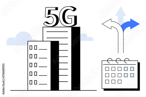 Skyscrapers labeled 5G, directional arrows, and a calendar symbolizing connectivity, decision-making, and technology planning. Ideal for innovation, communication, smart cities, scheduling
