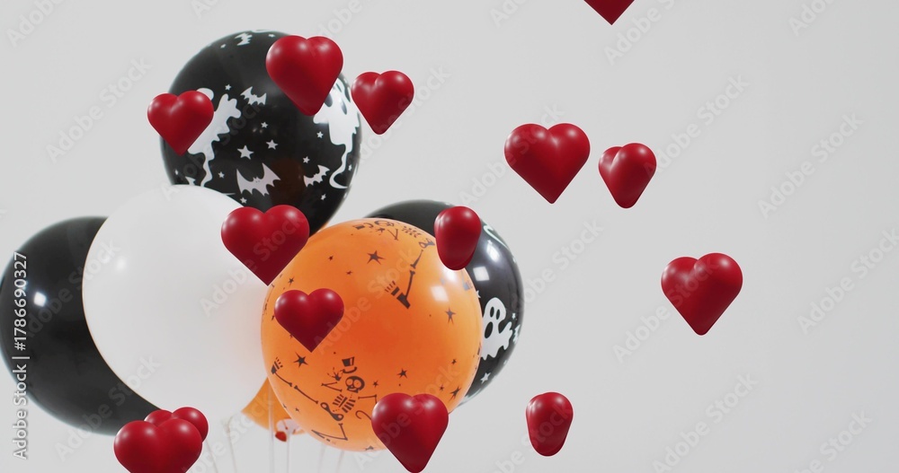Obraz premium Floating Halloween balloon cluster in gray studio, showing skull prints, red hearts, copy space