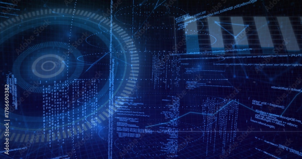 Fototapeta premium Displaying holographic circular HUD rotating in virtual data space, showing code streams and charts