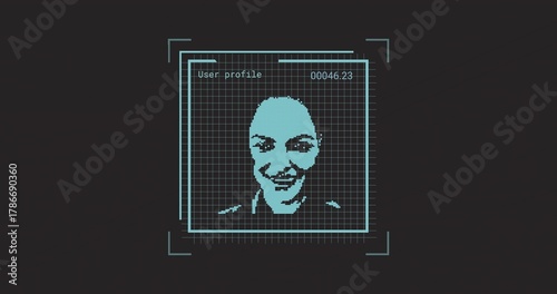 Displaying pixel-art cyan portrait with collared top centered in UI, showing User profile 00046