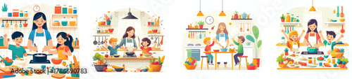 children helping their mother cook in the kitchen, flat design, white background