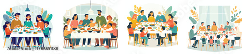 a family having dinner together, flat design, minimal style, white background