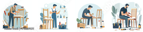 a man repairing furniture at home, flat design, simple and clean, white background