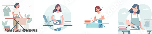a person ironing clothes, flat design, minimal style, white background