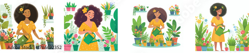 a woman watering plants in the home garden, flat design, white background
