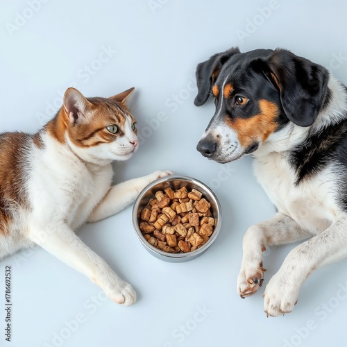 Friendly cat and dog sharing meal from pet bowl, showcasing companionship and care