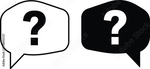 Contrasting speech bubbles display inverted question marks on a stark white background, simple and bold